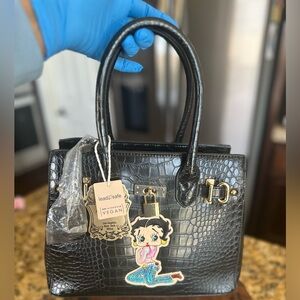 New Vegan Faux-Croc Black Tote Hand/Crossbody Bag with Betty Boop Patch.
